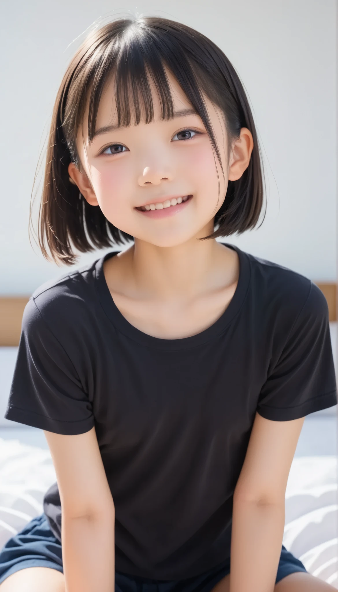 score_9, score_8_up, score_7_up, Masterpiece ,4k, top quality, Japanese young girl, (naive Japanese face), flat chest, , cute face, petite bo short stature, high definition skin, One Girl, Alone, black hair, short bob haircut, (Protruding jaw), underbite, (angular jaw), round face, (tsurime), in the bedroom, sitting sideways, T shirts