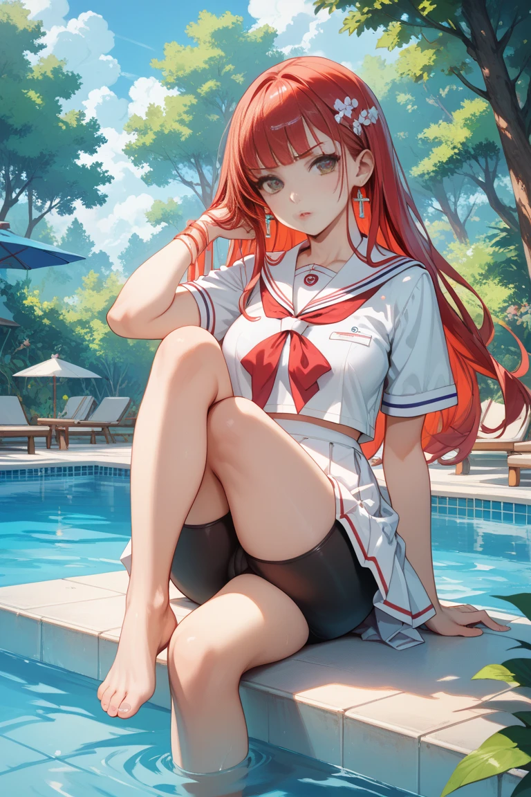 <lora:PONY-ç»-Azur Lane:0.8>,score_9, score_8_up, score_7_up, score_6_up,1girl,red hair, very long hair, purple eyes, hair between eyes,school uniform, <lora:Summer_Pool_Party_Pony:0.6>,summer pool party, uncensored,