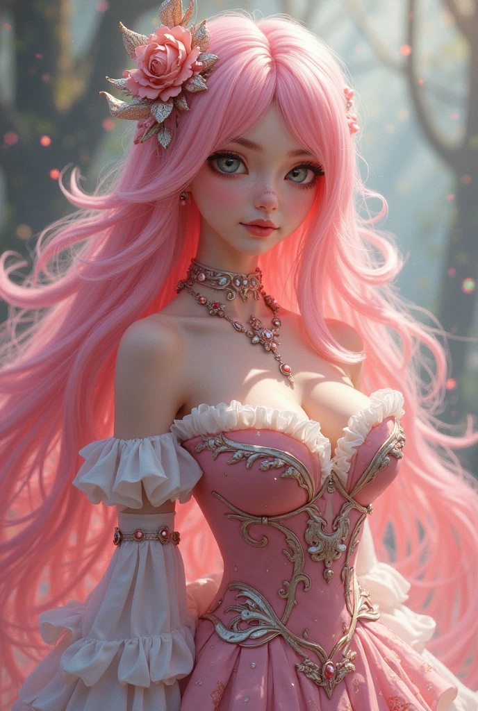 (masterpiece,Distinguished Quality,Mirror-like,Cinematic Experience,insanely detailed,absurdres),8k,wallpaper,(Ray Tracing),1 female,,Beautiful Shii Women,(slim with some curves:2.0),(front:2.0),(A body with a light flowy pink dress:2.0),BREAK(pink Hair that reaches the ankles,a gold crown:2.0),(White skin,pink lips:2.0),Portrait of a goddess,(god々Shii:2.0),(fantasy digital art:2.0),(Upper body close-up:2.0),(super sexy:2.0),(Diffuse reflection of light:2.0),BREAK(The background is the beautiful blue forest:2.0),(Beautiful face,Detailed face,Beautiful skin texture:1.3,Beautiful Hair),(Detailed hands:2.0),(Beautiful hands:2.0)