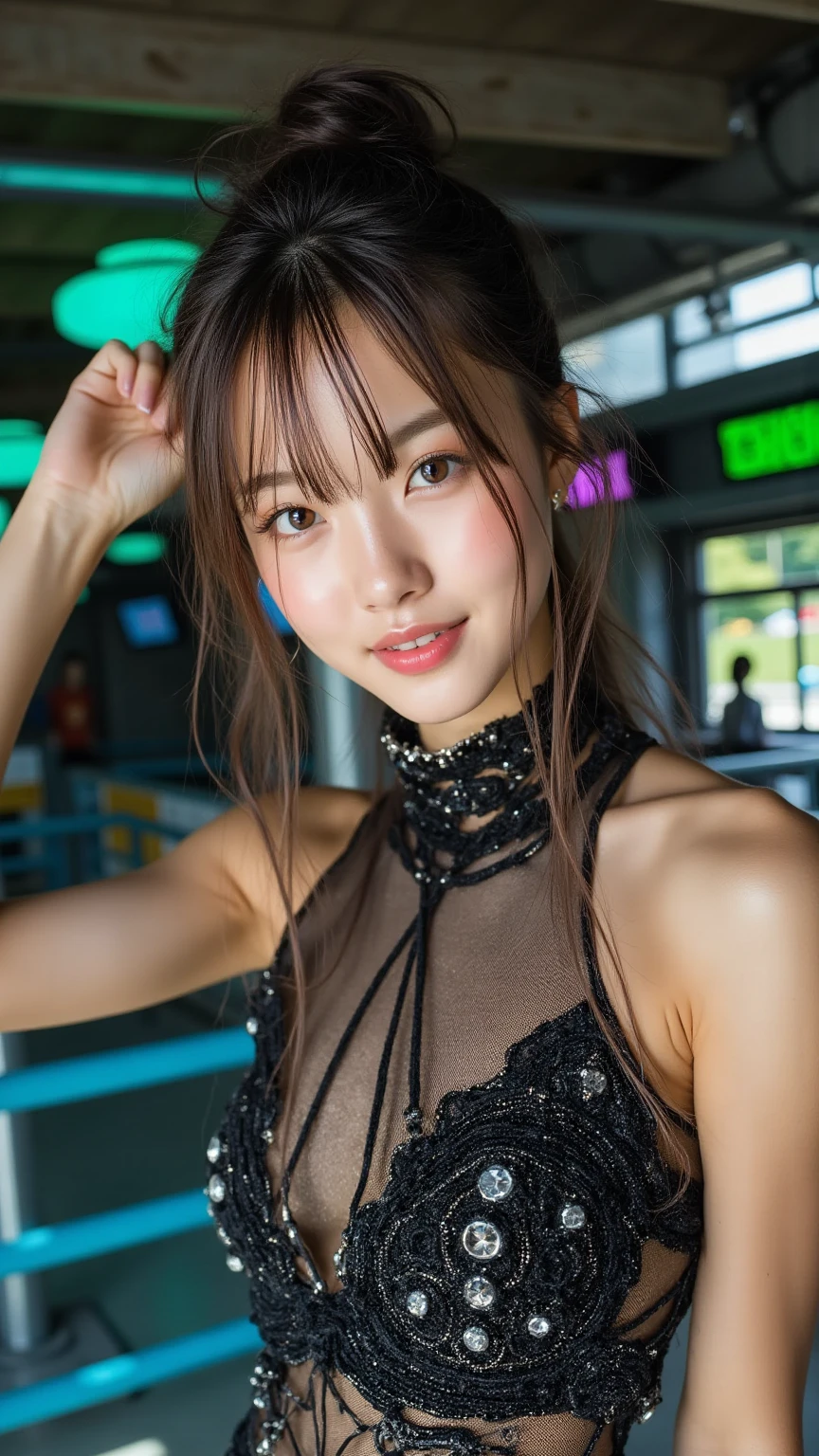 hyper realistic lifelike texture dramatic lighting unrealengine trending on artstation,award winning photo,nikon RAW photo,8 k,Fujifilm XT3,masterpiece, best quality, realistic, photorealistic,ultra detailed,extremely detailed face, solo, 2girl, fashionable and trendy atmosphere, night, high-end makeup products, and a stylish expression on her face, (small breast), (slim), smile, irene1, performing on outdoor stage, night time, legs, (looking down:1.3), from below, close up shot, bikini