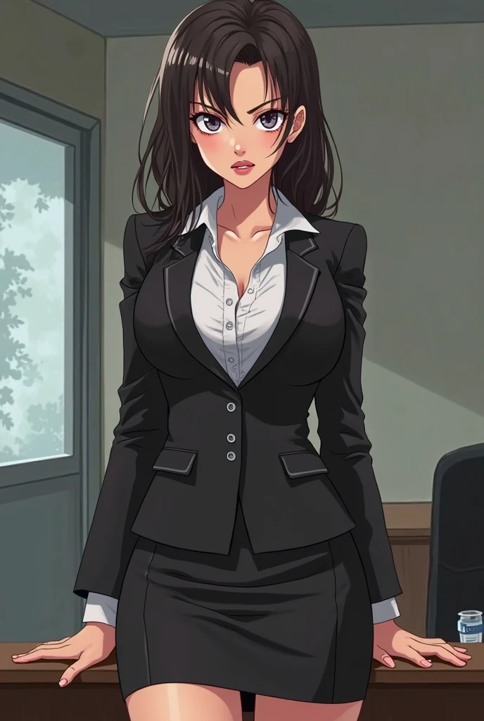 Japanese female lawyer, gigantic breasts, business suits, tight skirt, cleavage:-2, (buttoned shirts:1.3), Law Firm, she is standing with camera point up to her, she has no panties, she has a wet vagina, she has an ahegao face