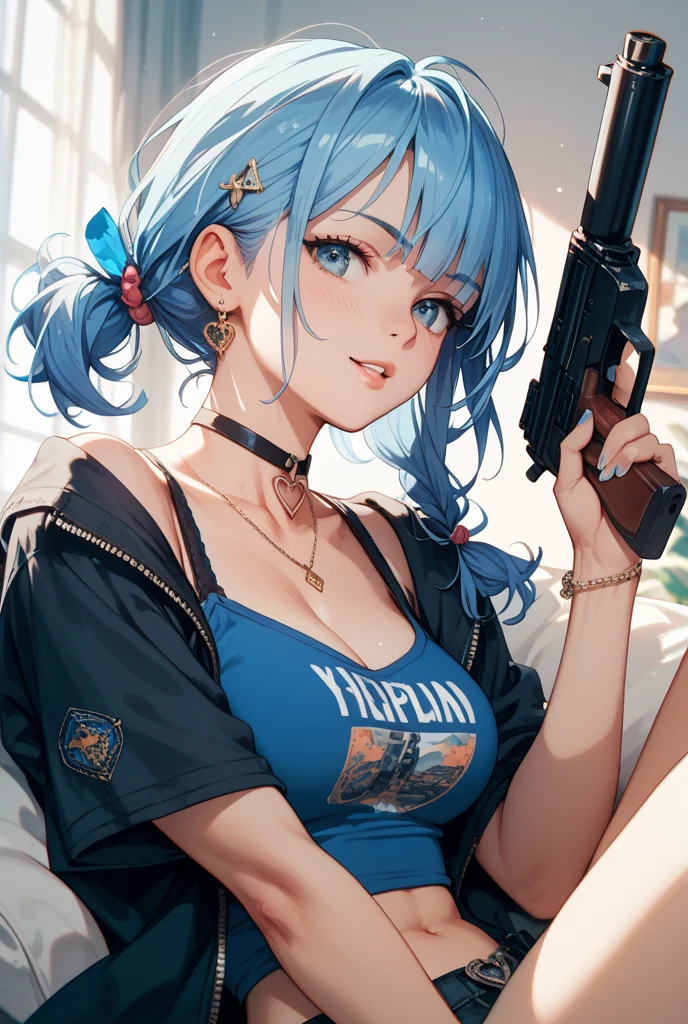 Highest quality、Ultra HD、One Woman、(Blue hair ponytail 1.3)、(Black Dress 1.3)、(Black Heels 1.1)、(Thigh 1.2)、((Shoot a gun 1.2))、(White ribbon 1.2)、(Beautiful face like a Japanese actress 1.2)、(Pearl Necklace)、tall、(Black wristband on right wrist)、Adult women、Slender body、((Large Breasts))、(Sunset city background 1.2)、((Clear and beautiful touch))