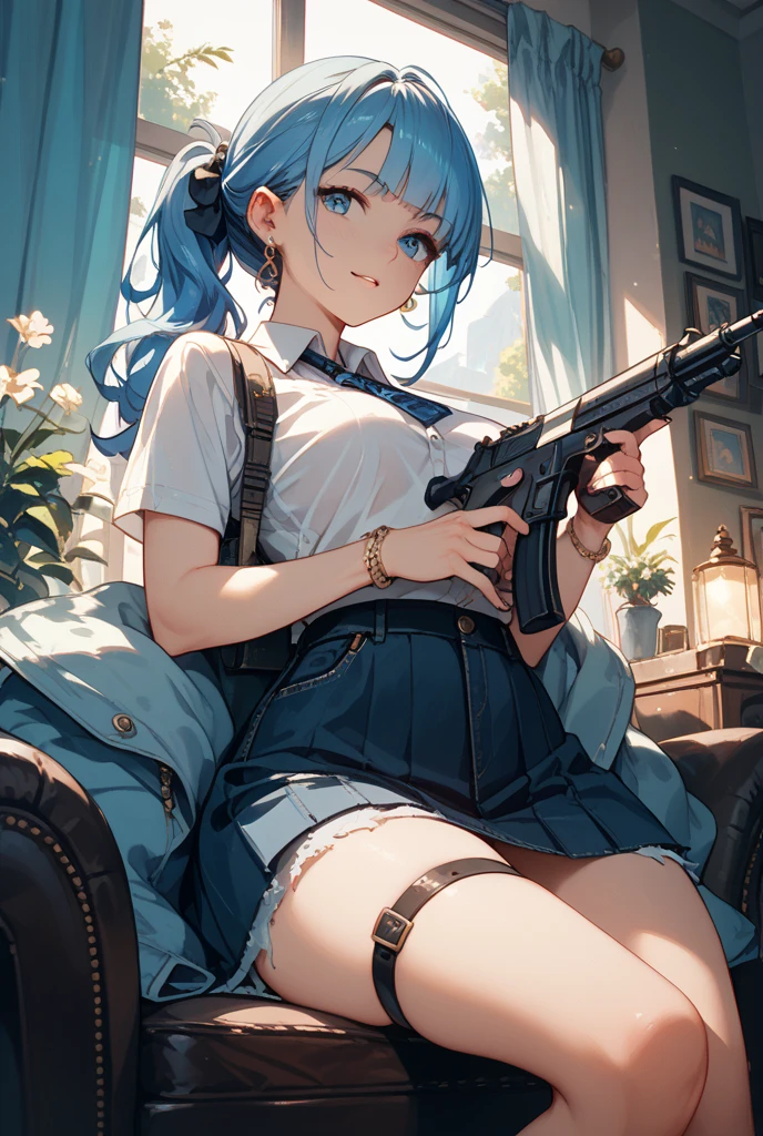 Beautiful girl shooting a gun、Changing magazines、Blue and white checked dress、barefoot、Military boots