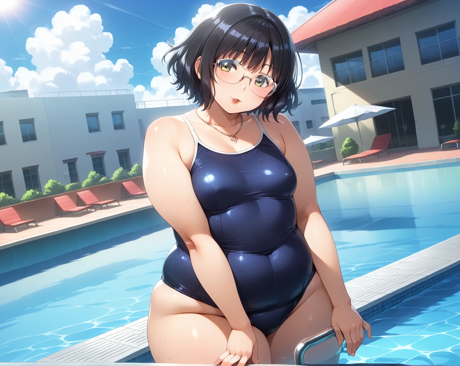 8k、masterpiece、Japanese、Woman wearing glasses、anise、from the front、smile、Childish、Big Breasts、Sheer School Swimsuit、night、Bedroom、Move the cloth between your legs to show