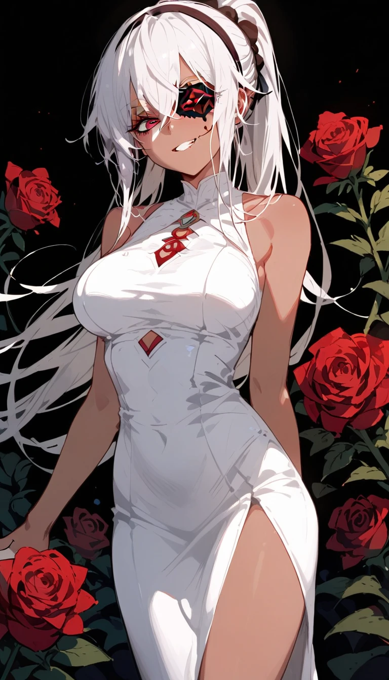 Masterpiece, best quality, 1 girl, beautiful, mature female, Milf, very long hair, white hair, braided, rose hairpin, blue eyes, calm, earrings, necklace, sexy red dress, dakimakura \(medium\), pelvic, bed sheet, red petals, ray tracing