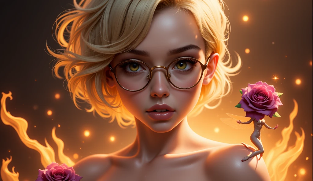 a woman (Stargirl )) (Best quality, high resolution: 1.2), Ultra-detailed, (Realistic: 1.37) brunette, medium blonde hair, blue eyes, with black glasses round small chest, 30 years, full body, ((( big boobs sexy))) logo of star