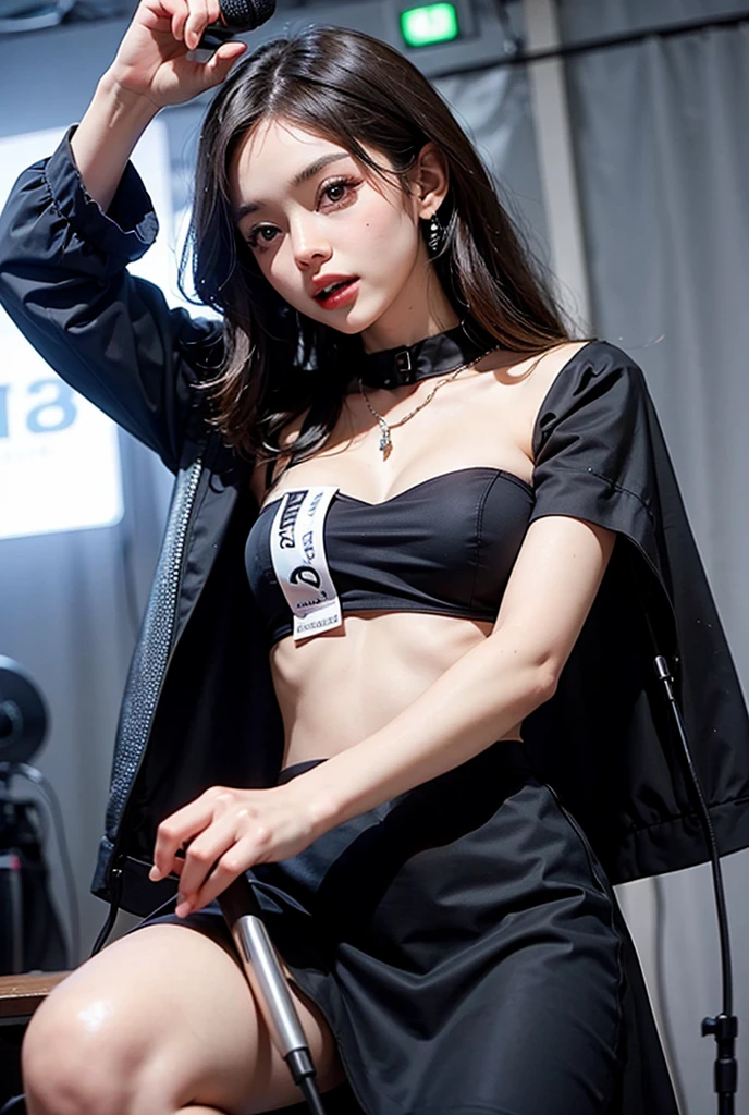 A hot punk girl with many piercings and punk hair stands at a bus stop at night. She exudes a rebellious vibe with colorful, edgy attire featuring a kidah pierced through her ear and nose. Her punk jacket is open, revealing a bold book top and a glimpse of a white bra underneath. Completing her daring look, she wears micro jeans and high heels, creating a striking and confident presence in the dimly lit urban setting.