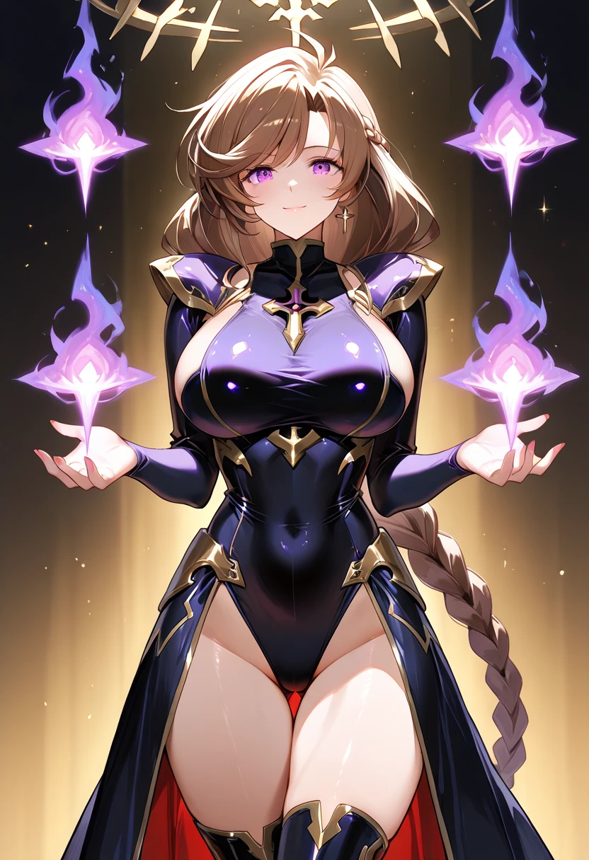 olga discordia, light brown hair, hair stick, bangs, blue eyes, solo, smiling, standing, upper body, hips, bare shoulders,purple thighhighs, violet dress, gold jewelry,armor,gloves,circlet, cleavage, red and gold royal castle, gigantic breasts, (best quality, masterpiece, beautiful and aesthetic:1.2, highest detailed face, perfect face,) eyes, perfect face,expressive eyes,
looking at viewer, in the center of the image,(Upper_body),(Focus on her face),
official art,extremely detailed CG unity 8k wallpaper, perfect lighting,Colorful,
(masterpiece:1.0),(best_quality:1.0), ultra high res,4K,ultra-detailed