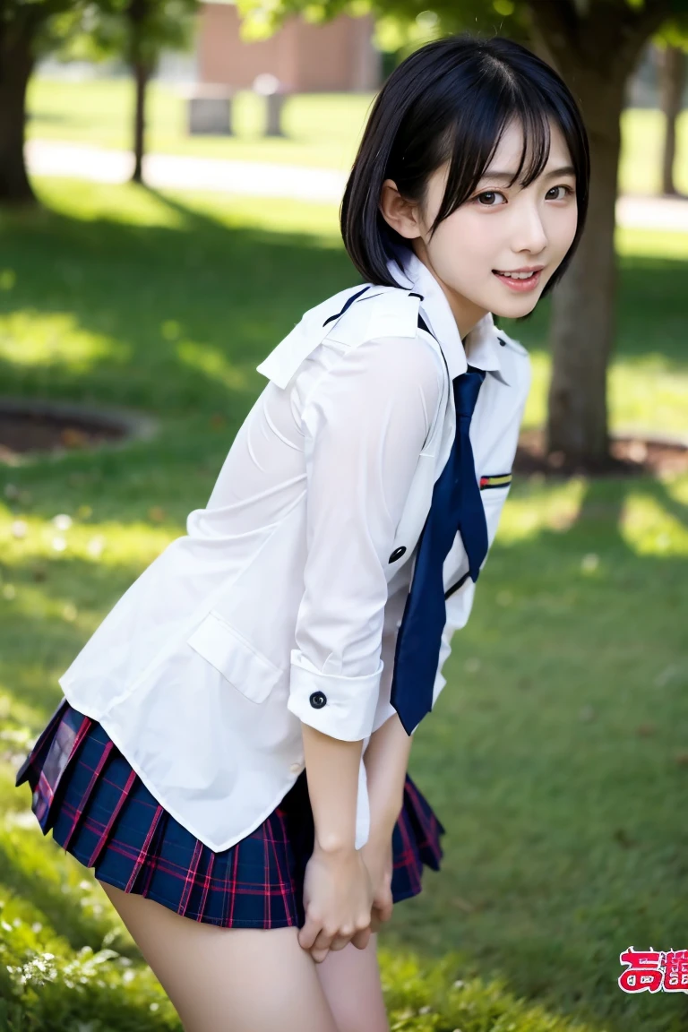 (((masterpiece))), (((Full body photo))), (Two beautiful Japan women, classmate, Landscape and innocence,cute) ,Ultra-high resolution, Realistic, Very detailed, 8k,highest quality, Very detailed, Detailed Background,thin,Very beautiful Japanese girl, Detailed face:1.3), (Very short hair,Black-haired :1.4), (Baby Face,cute系,Adorable 14 year old girl), (Perfect body:1.1), (Japanese Uniform, Jacket, tie, high school girl), Couple Focus , Stand next to each other , Beautiful thighs, thinウエスト, thin太もも, thin脚, Long legs, On the grass in the park,Asking for a smile,show me your beautiful teeth,Sexy pose,Rosy Cheeks,超Detailed face、Detailed lips、Fine Eyes、 gravure idol,Clear Skin,shade,Under the big tree,Cinema Lighting