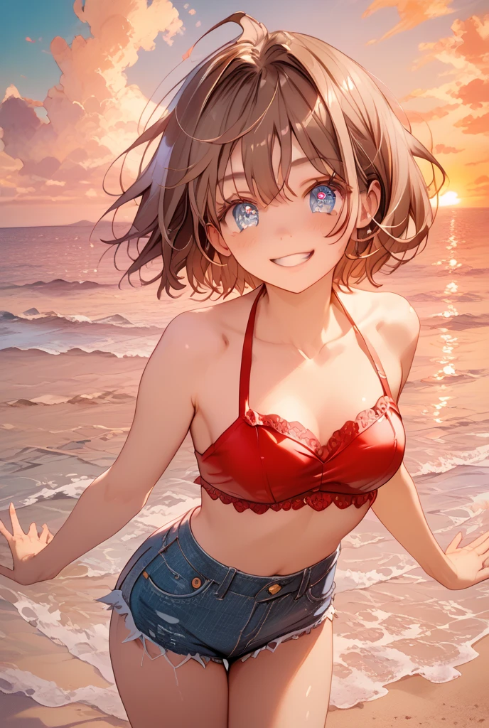 irohaisshiki, iroha isshiki, short hair, Brown Hair, (Brown eyes:1.5), smile,Yellow bikini swimsuit,Hibiscus hair accessory,barefoot,Big straw hat,Palm tree,Clear skies,whole bodyがイラストに入るように,Walking,
break outdoors, Beach,Sandy Beach,
break looking at viewer,whole body,(Cowboy Shot:1. 5)
break (masterpiece:1.2), highest quality, High resolution, unity 8k wallpaper, (figure:0.8), (Beautiful fine details:1.6), Highly detailed face, Perfect lighting, Highly detailed CG, (Perfect hands, Perfect Anatomy),