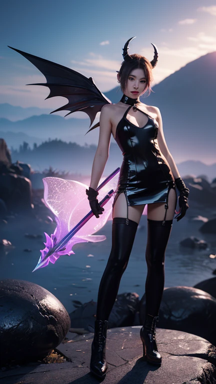 Close up Morrigan Aensland from dark stalkers, black purple hair, fighting pose, demonic background, perfectly detailed on wings, Super detail, character highly detailed, character sheets, Detailed, sharp focus, Super detailed full body, 32k resolution, Only a reality graphic, epic background, skin Type of sculpture, chalk skin, epic pose,