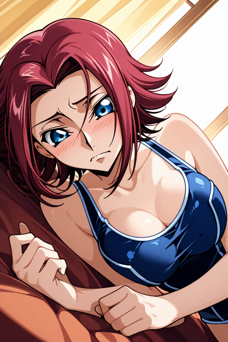 Twintail, red haired, 1girl, (grey eyes:1.5), well toned, well built, muscled, toned muscles, blushing, sweating, smiling, She is depicted in a solo composition, with captivating grey eyes her hair in a side ponytail being held by a blue ribbon that looks like bunny ears and a striking pink bra and pantie's. She lays on top of a bed, (she is pulling with the tip of her finger her bra away from her chest:1.3)