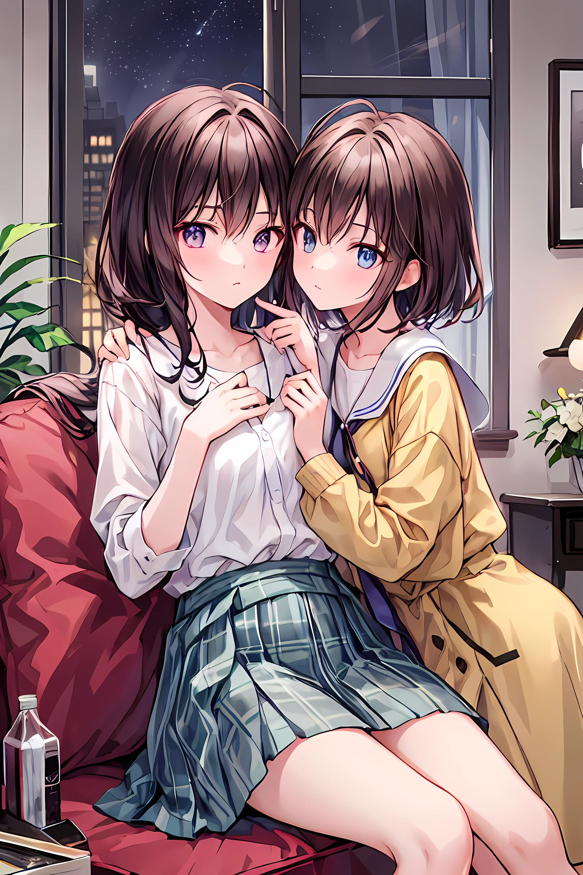 Two women on a postcard, (stylish clothes), mature woman, /(brown hair/) bangs, A gentle smile with a blush, (Masterpiece of the highest quality:1.2) Delicate illustrations super detailed, Big breasts BREAK (table with postcards:1.2 ) close, The edge of the postcard is decorated with a handwritten message from Pen BREAK.