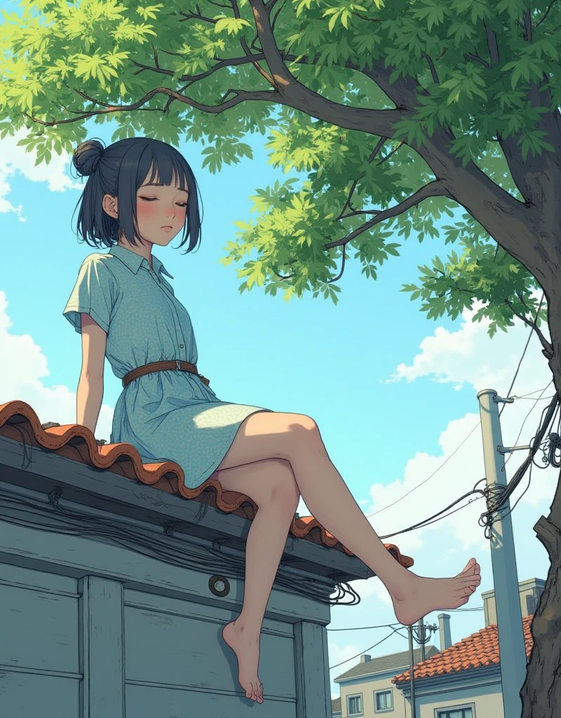 Detailed background, landscape, window, air conditioner, building, Outdoors, Potted plants, concrete, (Illustration:1.0), masutepiece, Best Quality, Potted plants, Cloudy sky, evening, early evening zori, Girl watching viewer, blue shadow