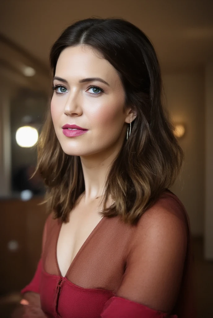 Caitríona Balfe, Traje sensual de corpo inteiro, modelo de passarela, 1.8m de altura, cabelo amarrado, olhos verdes claros, Smiling lips, olhar apaixonado, hand on her chin, etapas finais, alta qualidade, ultra-detalhado, Realistic, vivid colors, Retratos, studio lighting, tom de cor quente, luz suave e natural.