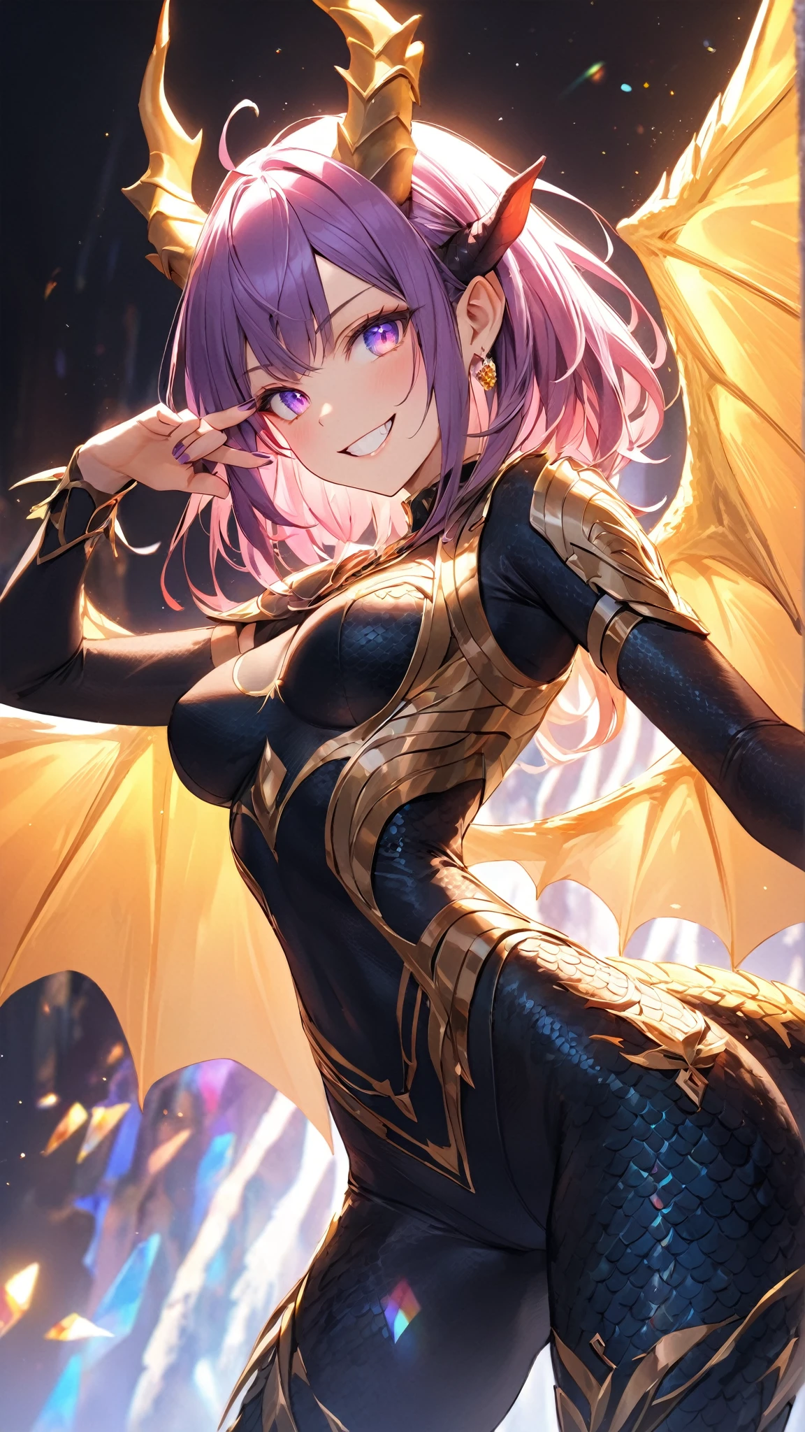 ((Highest quality)), ((masterpiece)), (detailed), （Perfect Face）、The woman is a naked demon queen, Momo Belia Deviluke, wearing a shiny black full-body bodysuit decorated with gold, the sexy female demon, Devil Queen Momo Belia Deviluke、The woman is a female demon with magnificent devil horns, jet black devil wings, and a jet black tail. She is looking at the camera with a happy expression on her face. Her name is Momo Belia Deviluke, and she has pink hair in a short bob and the expression of a girl in love.、The woman is Momo Belia Deviluke