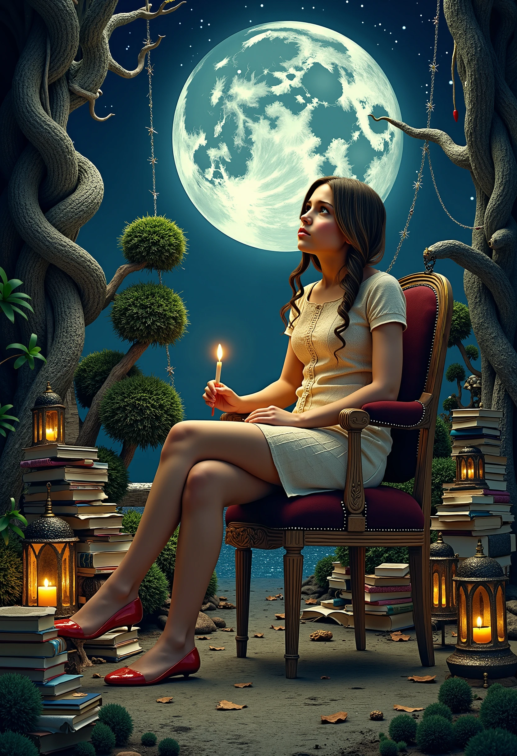 Die Zahl 8: A library from the moon. Half-close view of an enchanted library, hidden in the moon. A creative masterpiece by Patrick Woodroffe, Alexander Jansson and Martin Stranka; a great surreal library scene. A ladder to the full moon, completely from books. Close-up of a girl (Amanda Bynes ) sits on a chair and lies with a candle. The edge of the moon is with twisted old bonsai, Victorian cottages and glitter decorated. A surreal fantasy fairy tale scene. starry sky, epic moon, bezaubernde, mystical starry night, Van Gogh