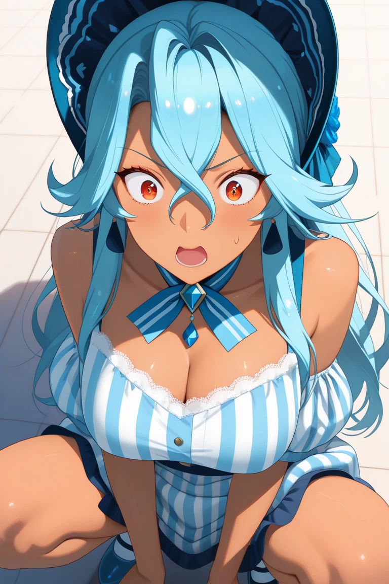 nsfw,1 person,Sweat,White Breath,solo,one piece,Perona,Leaning forward,Cleavage voyeur,Mini Hat,Embarrassed expression