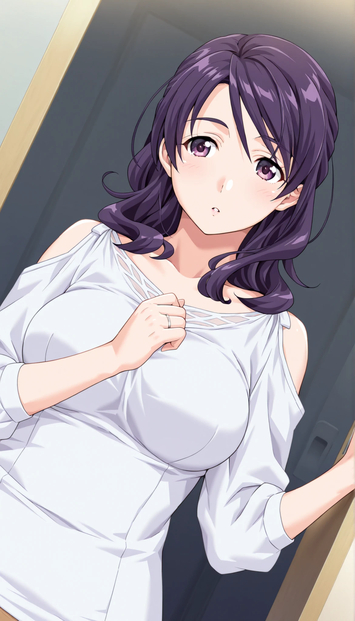 score_9, score_8_up, score_7_up, game CG, BREAK Official Art , solo, 1 girl, one girl,
Hobara Naoko, purple hair behind closed doors, Purple Eyes, wedding ring,
general, upper body,
Dynamic angle, model pose,
(masterpiece:1.3), Highest Quality, high definition, Unity 8K Wallpaper, highly detailed CG, 8k,