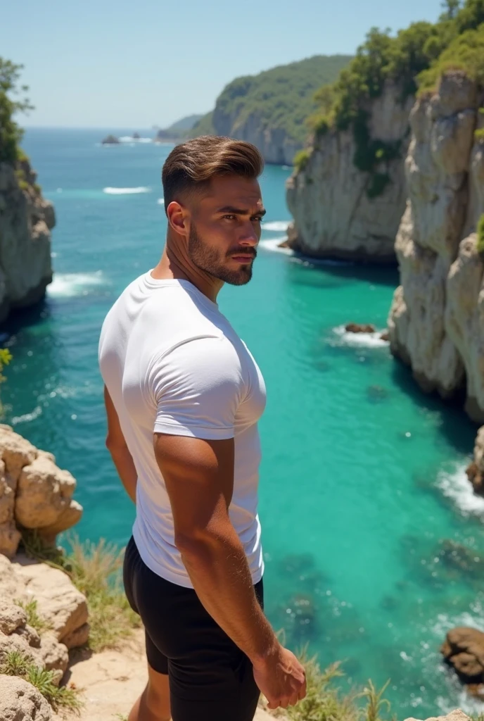 25 year old athletic caucasian man, short hair, is wearing a white briefs and is sitting on a deck chair, front view against a beach background in summer