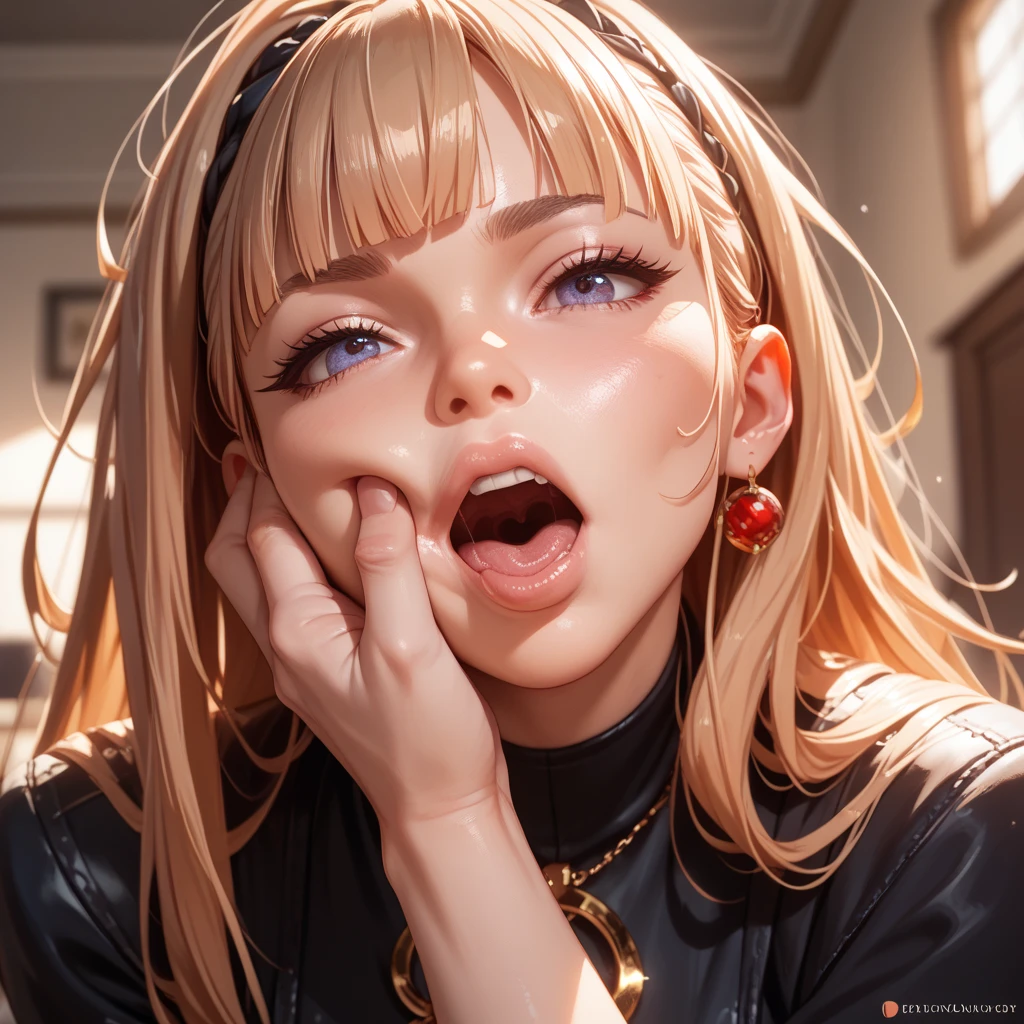 (nsfw:1.2), (((HHH))), a precious special eroticism porn scene, Express all her emphasized feelings through her facial expressions and posing,
full color, ultra masterpiece, ultra high quality, photorealistic:1.3, ultra high resolution, described in ultra fine detail down to the minutiae, sharp, clearly, textured, depth of field, professional composition and lighting, (close-up shot),
sexy, sensual, erotic, eros, horny, sexually aroused, (panting), sticky slimy, (raw), shiny, glaring, rich, sexual ecstasy paradise, a flashy eroticism porn party,
top grade flashy:1.1 virgin killer courtesan, ((She is coming almost right in front of me)), (looking up and (enraptured:1.1 rapt:1.1 (half-open)) bedroom eyes to downward camera view)),
wearing ((fine gold color (shiny super reflective (polished:1.5) metallic polyester) sexy lingerie mini bodycon dress)), (puffy nipples under the lingerie), (breasts spilling over the bra due to being tight), skindentation, Wedgie,
beautiful sexy face, detailed mouth:1.1, detailed too shiny lips:1.1, large firm breasts, oily wet translucent skin, blonde messy loose (updo) hair, gold simple necklace earrings,
((blush)), (((sweat))), a little particle sweat drops, (((steam))), ((sigh)), ((((drooling)))), (((((ecstasy))))), ((((orgasm)))), (((ahegao))), ((((cum on body)))),
ecstatic attentive escort service, energetically, ((blissful:1.5 ecstatic expression:1.1)), oral vagina, Drooling slimy tongue, She took a libido booster and her sexual energy has increased, Give me her special H service that captivates boys, handjob gesture,
