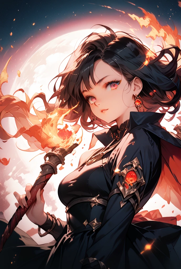 1girl, black hair, red eyes, fire witch, blood, denoising of strength:1.32, light particles, light rays, wallpaper, high contrast, colorful,