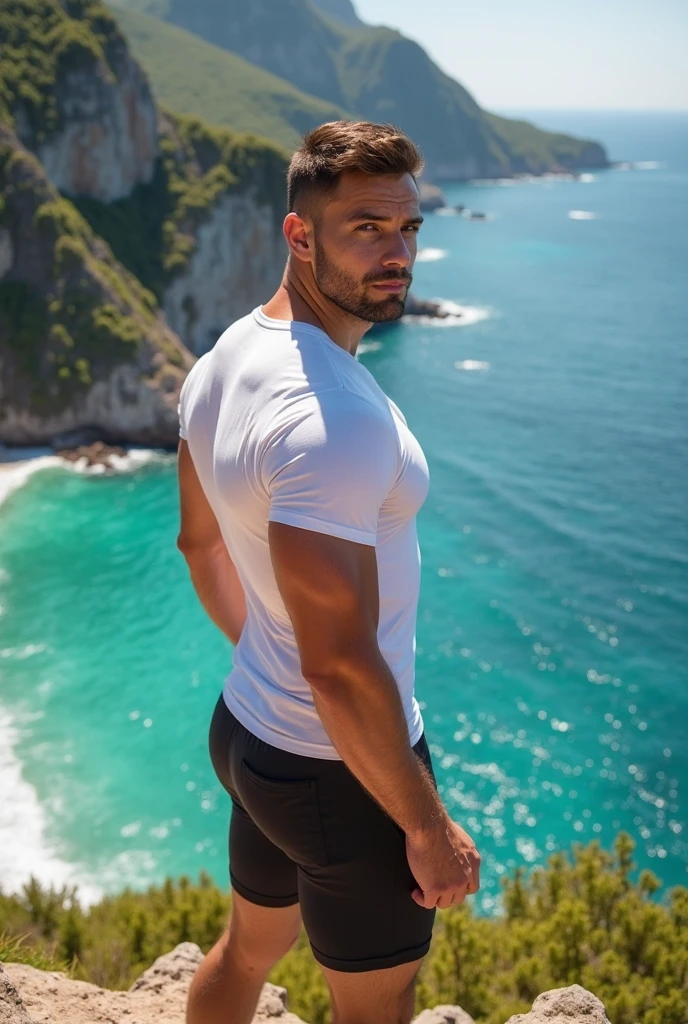 Un hombre con la cara se parece a Henry Cavill. Su cuerpo es musculoso y pectoral definido. paquete de seis. ingle. Cochas, pelo contra el viento. barba dentada. Big butt, in a moment of reflection. Full body. White Jeans backside