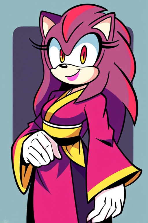 amy rose, cel shading, red white harem outfit, medium breasts, revealing clothing, cleavage, ninja, pelvic curtain, Japanese clothing, sleeveless, green hill , night , waterfall , crescent moon symbol, (2d style), 2d, (traditional illustration style), high quality , studio quality , detailed , refined detail , perft hands , white gloves , ( 2d style , 2d , tradicional ilustracion style , high quality ,