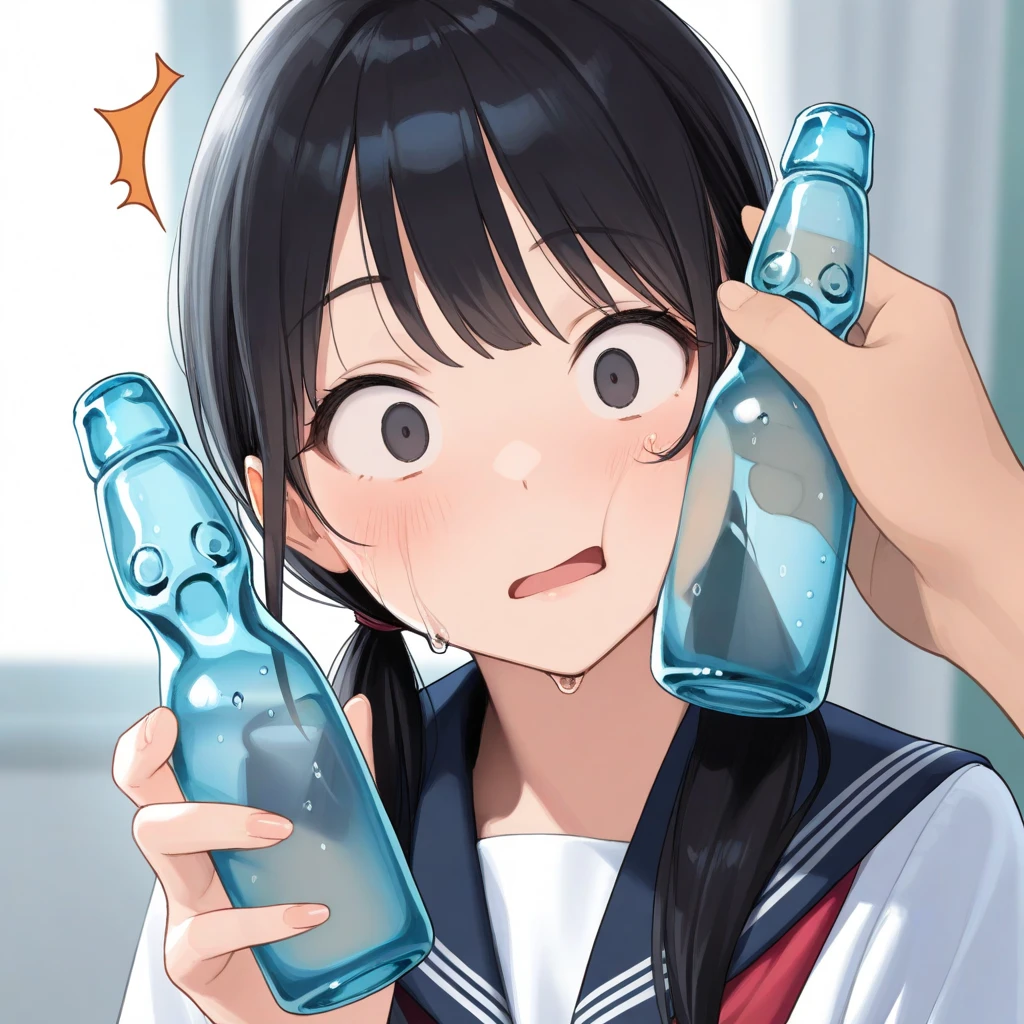 She is wearing a high school uniform、Hot summer、Laughing and licking a popsicle、holding a popsicle stick in one hand、I got closest to that smile