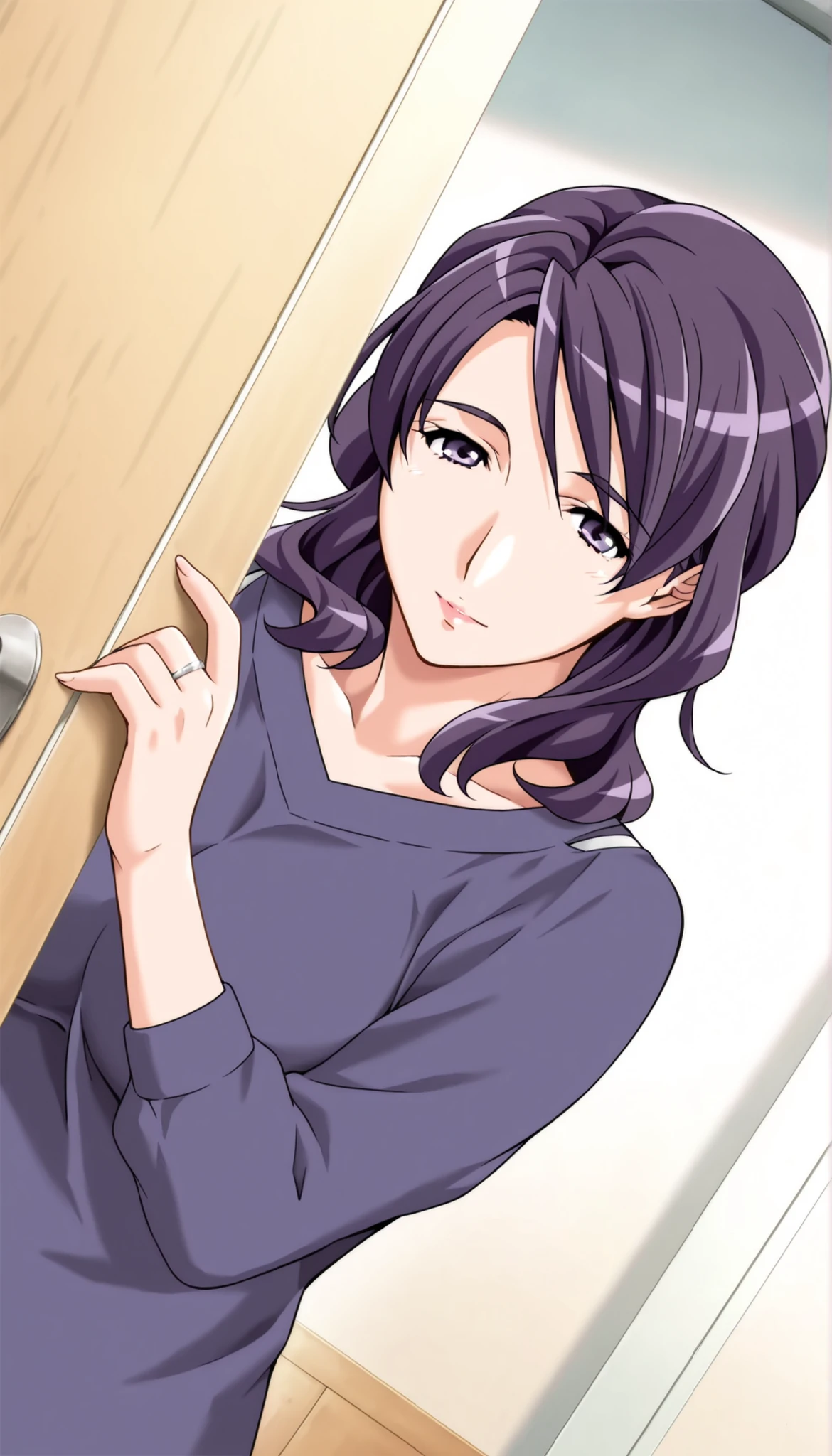 score_9, score_8_up, score_7_up, game CG, BREAK Official Art , solo, 1 girl, one girl, 
 Hobara Naoko, purple hair behind closed doors, Purple Eyes, wedding ring, 
general, upper body,
Dynamic angle, model pose, 
 (masterpiece:1.3), Highest Quality, high definition, Unity 8K Wallpaper, highly detailed CG, 8k,