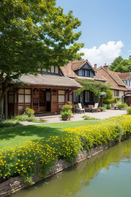 The white facade and dark wooden beams exude a classic Tudor style aesthetic I will {x} has red tile roofs and、exudes the serenity of an idyllic English village. on the right, visitors enjoy, adds color to the beauty of the landscape、transparent, Calm River. on the other hand、Colorful flower beds with yellow flowers adorn the riverbank. bright green leaves surround this area, The red brick houses complement the historic charm of the village, A charming wooden house with a cheerful atmosphere. a punt boat is anchored along the river, The picturesque riverside landscape、allude to laid-back activities. x} The sky is bright blue with fluffy white clouds, 晴れた日を作る, captures the harmonious harmony between nature and architecture. A block of ice floats in the distance , Quaint, and、The overall composition is rich in color and texture, A rich background that creates a sunny day、mature tree々is thick. perfect for a summer day, capturing a harmonious blend of nature and architecture, Kimono that reminds me of , a timeless atmosphere.