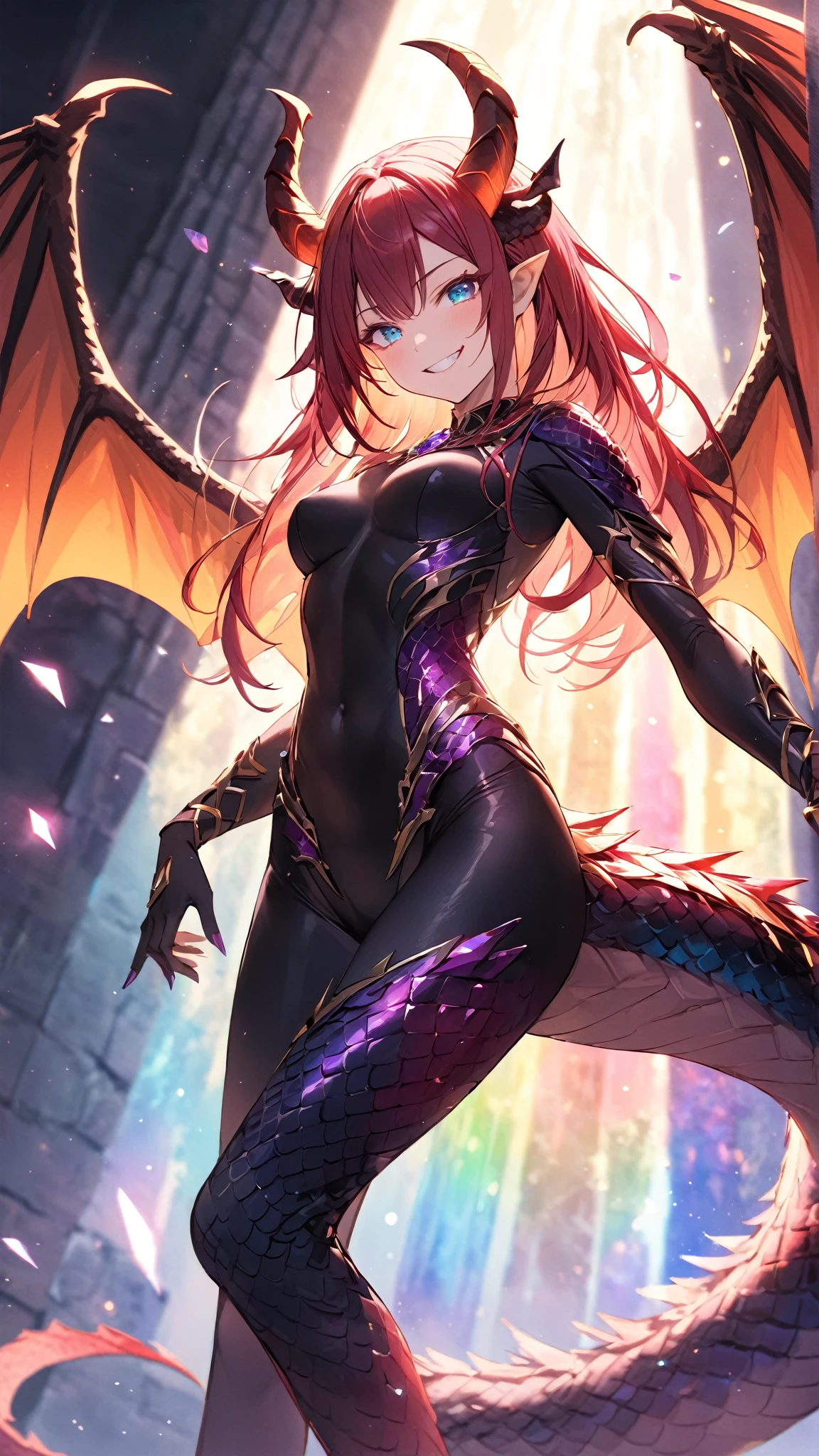 (best quality,4k,8k, highres, masterpiece:1.2), (furry; anthro Dragon), small breasts, horny, well-toned abs, large mechanical dragon wings, ultra-detailed, lewd pose, ((excited smile)), sexy, detailed eyes and face, long eyelashes, vibrant colors, green eyes, orange fur