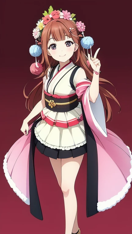 ((masterpiece, Highest quality, High resolution, 超High resolution, Pixel Perfect, Wide-angle, 4K, RTTX 10.0, Human Development Report))), One Girl, single, alone, beauty、View the entire body from top to bottom、 (( Reddish brown hair , Very long hair , Short Liuhai )), ((blue eyes, Beautiful eyelashes, Genuine目)), ((Detailed face, blush:1.2)), ((Smooth texture:0.75, Genuine质感:0.65, Genuine:1.1, Anime CG style)), Mid-chest, Perfect body, (( Pink Japanese Kimono, Pleated skirt, Expose your shoulders ,black tights ,Black boots)), smile, holding a birthday cake to celebrate a birthday , (The wind blew her long hair，Expose your shoulders、Expose the chest、black tights) , that&#39;that&#39;It&#39;s snowing at night、cute