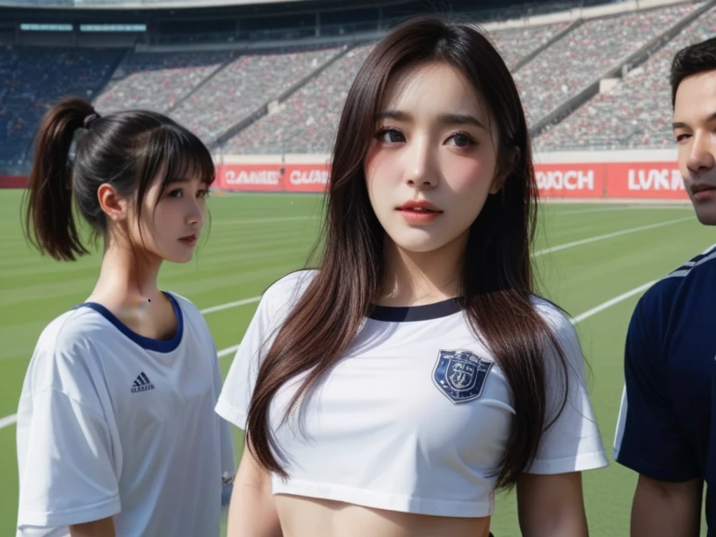 (((2 girls:1.5))、Two women standing close together in a stadium、Two Boyish Women、Football Supporters、17-year-old girls、Group photo of a group of soccer fans、Wearing a uniform)、(Realistic、Like a photograph、Live Action、8k, Realistic, RAW Photos, Best image quality: 1.4), Single-lens reflex camera、RAW Photos, Highest quality, Realistic, Highly detailed CG Unity 8k wallpaper, Written boundary depth, Cinematic Light, Lens flare, Ray Tracing, Realistic background、((Soccer uniforms:1.2、Flared mini skirt:1.4)、Big Breasts、skirtlift、Detailed lace panties)、(The strap of the bag passes between the chest、paisla、Shoulder bag)、((Silver Inner Color Hair:1.1))、Cute Japanese Band Girls、((whole body:1.5))、(short hair:1.2)、I like that style、stylish、Very detailed、Pay attention to the details、Perfect outfit、(White skin)、Beautiful feet:1.1、View from below、Accurate Arm、Super detailed face