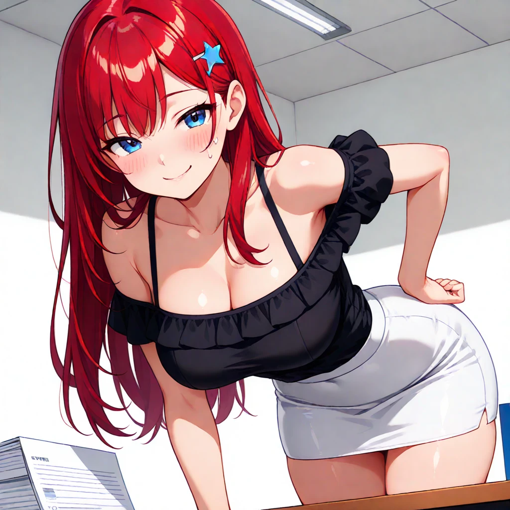 An anime girl with red hair and blue eyes wearing a skirt and an open shirt revealing a black and red bra