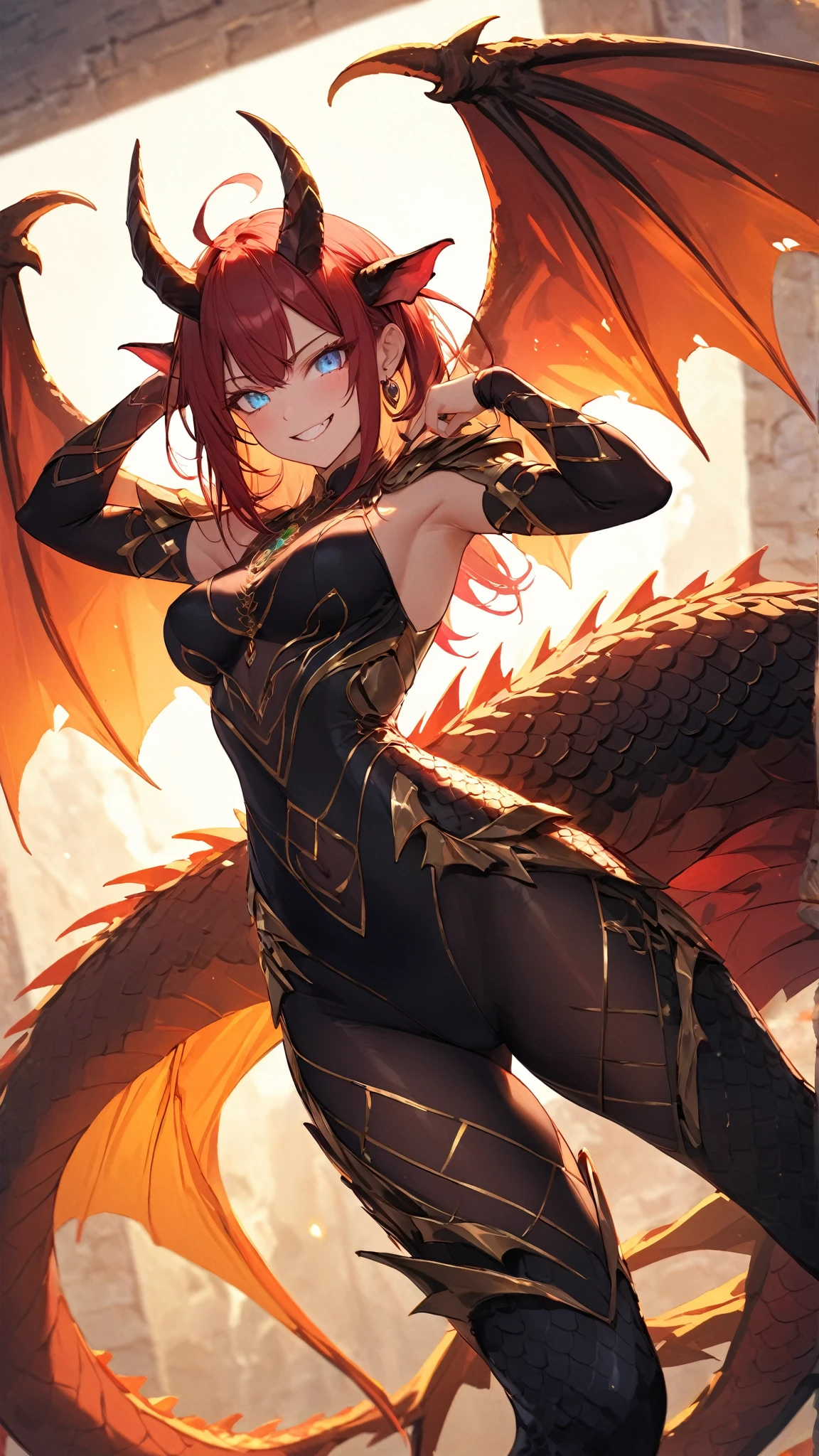 (best quality,4k,8k, highres, masterpiece:1.2), (furry; anthro Dragon), small breasts, horny, well-toned abs, large mechanical dragon wings, ultra-detailed, lewd pose, ((excited smile)), sexy, detailed eyes and face, long eyelashes, vibrant colors, green eyes, orange fur
