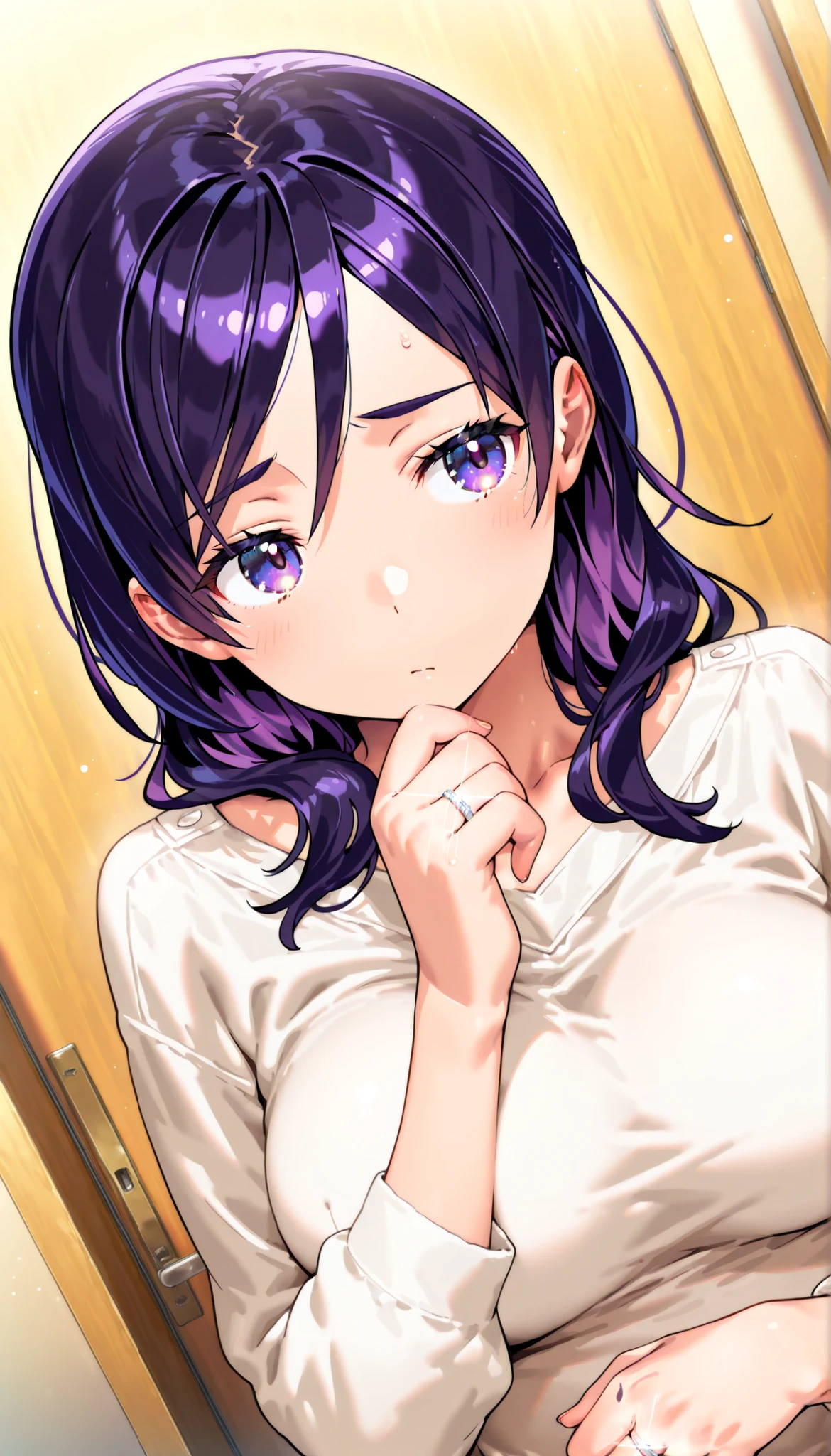 score_9, score_8_up, score_7_up, game CG, BREAK Official Art , solo, 1 girl, one girl,
Hobara Naoko, purple hair behind closed doors, Purple Eyes, wedding ring,
general, upper body,
Dynamic angle, model pose,
(masterpiece:1.3), Highest Quality, high definition, Unity 8K Wallpaper, highly detailed CG, 8k,
