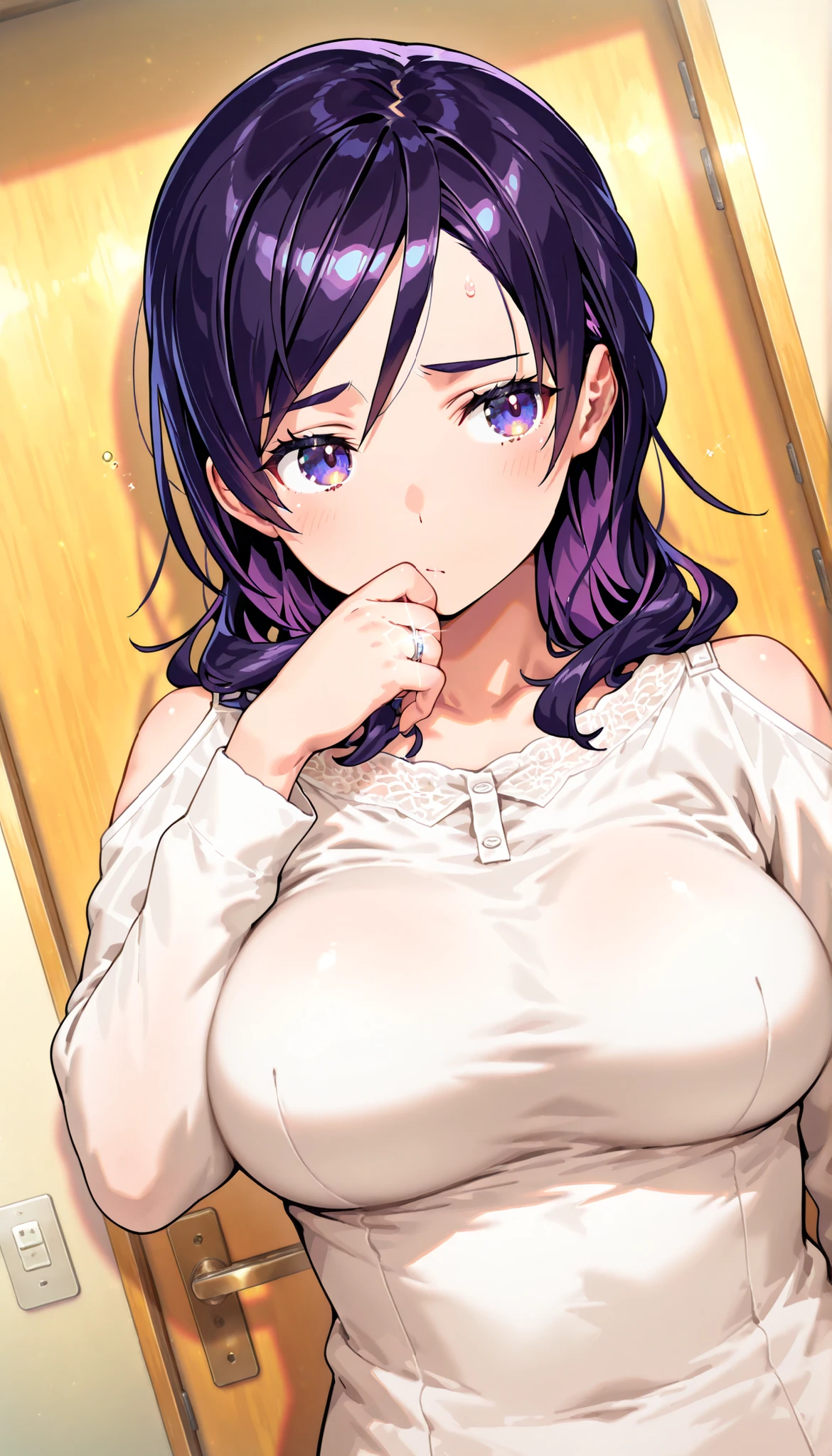 score_9, score_8_up, score_7_up, game CG, BREAK Official Art , solo, 1 girl, one girl,
Hobara Naoko, purple hair behind closed doors, Purple Eyes, wedding ring,
general, upper body,
Dynamic angle, model pose,
(masterpiece:1.3), Highest Quality, high definition, Unity 8K Wallpaper, highly detailed CG, 8k,