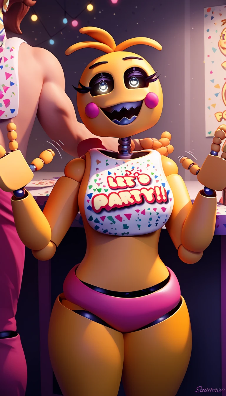 Full body image of Chica from Five Nights at Freddy's, full body in image, wearing her original outfit (yellow animatronic with a bib that says 'Let's Eat!', and orange feet), short hair-like feathers, female animatronic body, dynamic pose, detailed pose, simple background, expressive face showing a menacing look, focus on face, line art, sketch