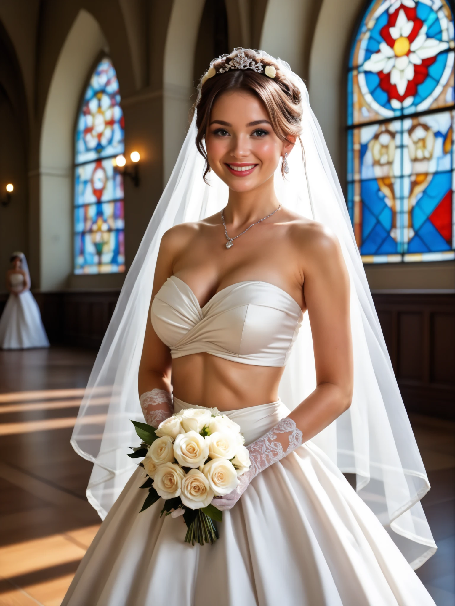 ( masterpiece, best quality, highres:1.3)
 <lora:CyberClaire:0.8>
CyberClaire, 1girl, long hair, brown eyes, wearing a wedding dress, bridal veil, inside a church