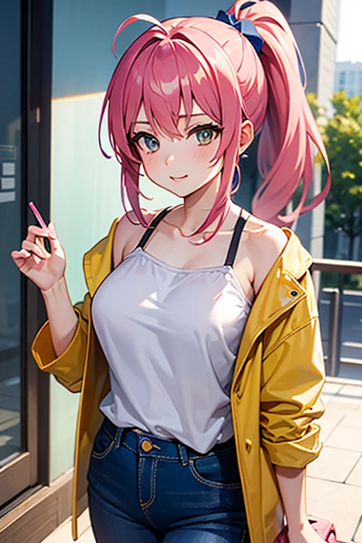 ((masterpiece,Highest quality)), Absurd, B1, Hair Bun, blue eyes, Twin tails, Visor Cap, pantyhose, Raglan sleeves, Shorts, shirt, Pink ribbon, watch,
alone, smile, View your viewers, Cowboy Shot, Structure of the film, Dynamic pose, Modern city, City Street,
