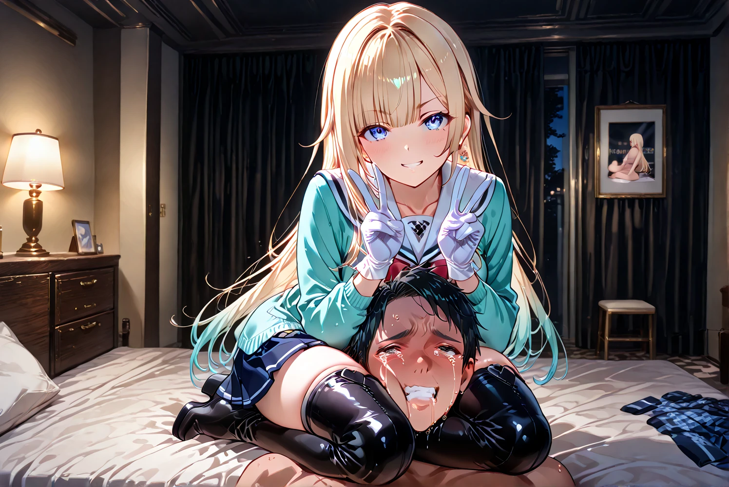 (1 boy, 1 girl), a age school girl in mixed bondage wrestling with a teenboy, they are roughly the same age, the school girl is wearing a red pleaded careered skirt and a black pullover, the girl has a is a bit smaller than the boy, the girl has shoulder long hair, the boy is wearing casual clothes, teenage hogtied and struggling against the ropes, school girl applying more ropes to the teenage boysy, blushing boy dominated and controlled by the girl, the girl is smiling and laughing and tries to humiliate the teenage boy, thenage boy is blushand ashamed and is gritting his teeth, he desperately tries to break free but to no avail, the boy struggles and squirms against the ropes, the girl is sitting on top of the teenage boy to prevent hrom moving and has ropes in her hands and uses them to tie up the arms of the teenage boy behind his back,arms of the teenage boy are completely tied nd his back in lots of ropes, the teenage boy looks very embarrased anhamed, the girl is saying „this must be embarrassing for you“ , huge struggle, many viewers watching, wrestling ring,intricate rope work, teenage boy blushing and ashamed, dramatighting, highly detailed, photorealistic, 8k, masterpiece, teenage school girl vs teenage school boy, fm, power, control, beaul teenage girl, detailed faces, teenage boy aggresiveled up by teenage girl, lots ofe, perfect eyes, detailed faces, sq and struggle marks arround the boy