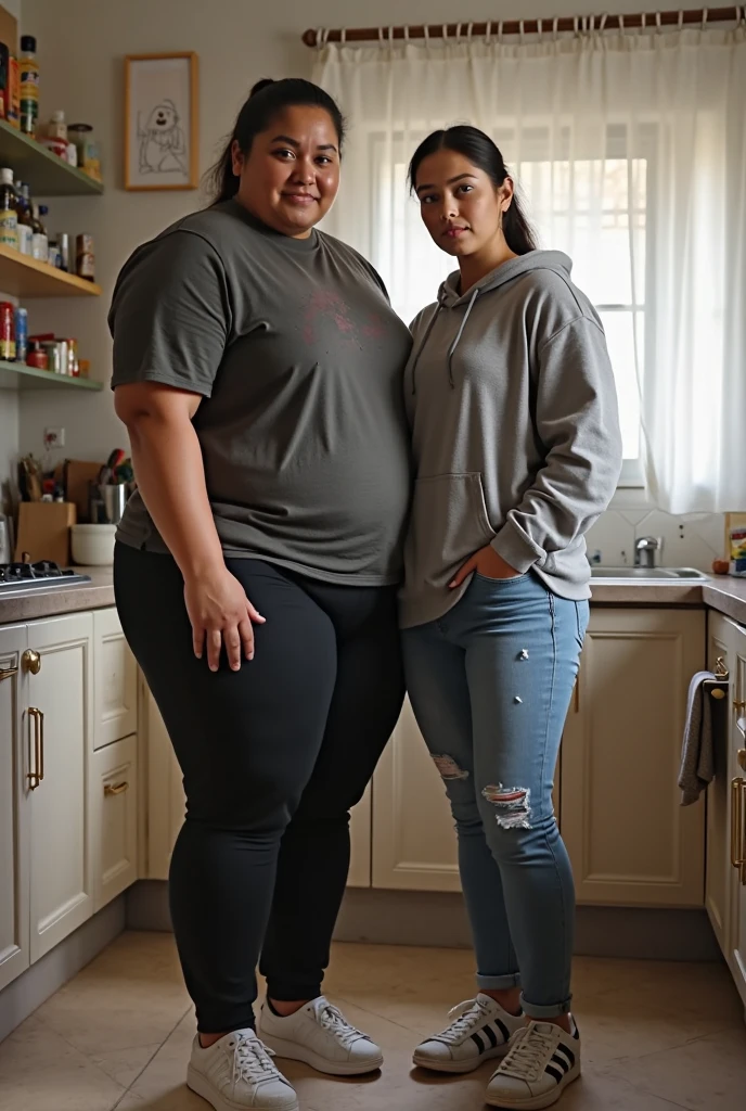 Create a photo of a 20 year old young woman, with a slender and beautiful body, wearing jeans and an open white shirt and white lace bra, with white and clear skin, with long brown hair being carried in the arms of a 90 year old elderly lady, obese woman who has dark black skin and is wearing a blue dress and glasses