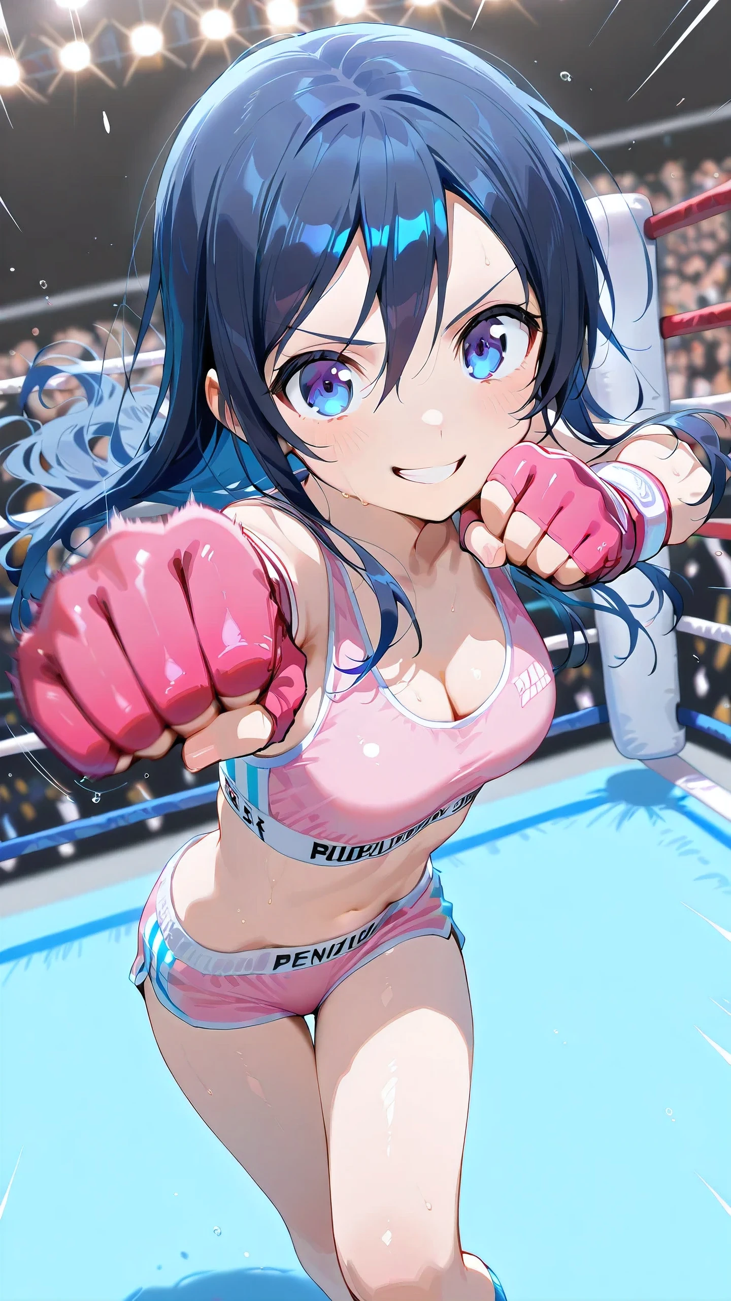 ayase aragaki, long hair, blue eyes, black hair, solo, Detailed eyes, pink sports bra, pink sports very short spats, pink fingerless gloves, thigh, cleavage, slim long legs, medium breast, serious grin, looking at viewer, Detailed eyes, Detailed face, from side-above, portrait,
p4nch, punching, clenched hand, motion lines, motion blur,
boxing ring, spectator seats, (depth of field).