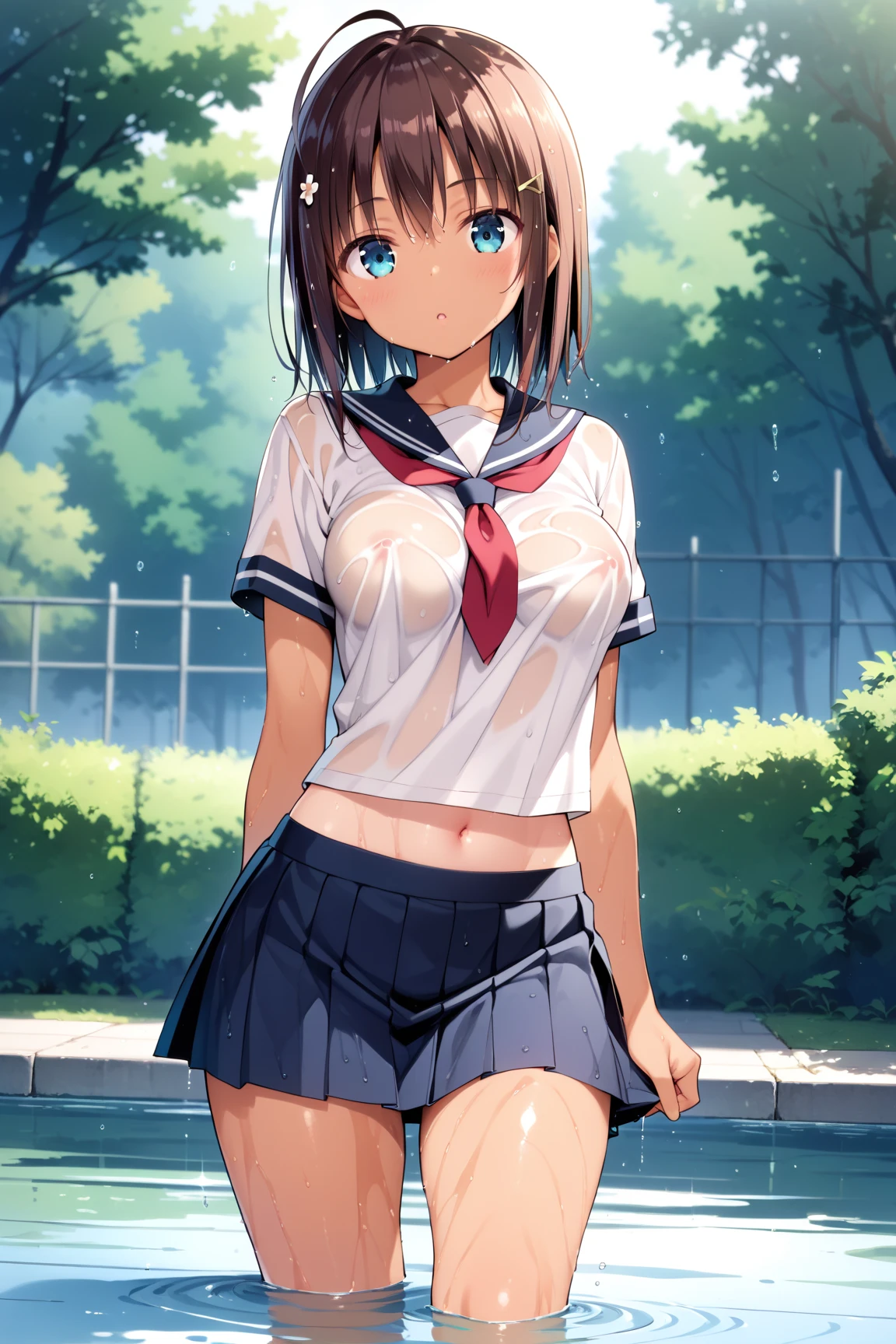 ((best quality)), ((masterpiece)), ((detailed)), (((perfect face))), (((slender 18yo age girl looking down))), ((((topless)))), (((medium breasts))), ((dark blue pleated skirt from waist to thighs))), ((dark brown hair)), ((short ponytail)), (((blue eyes))), ((shy:1.3)), ((blushing:1.5)), ((skinny thighs)), ((skinny hips)), (((bare arms))), (((bare shoulders))), (((bare stomach))), (((surprised:1.3))), (((botanical gardens))), (((wearing blue sneakers))), (((standing))), (((shy arms)))