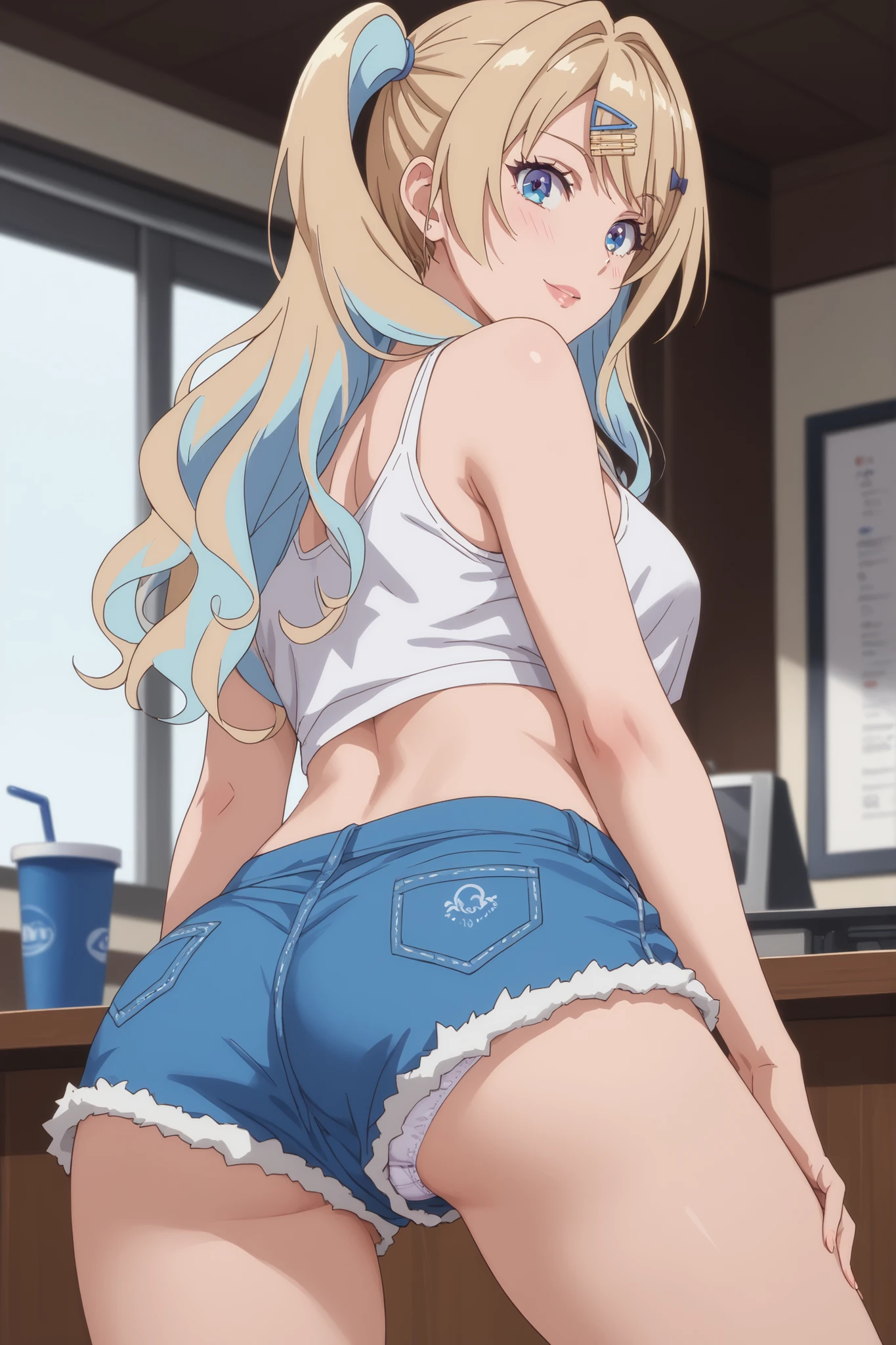 obra-prima , best quality, 1,luna shirakawa, upshorts, Look at the white panties , with the back ,Very loose shorts showing part of the underwear, shorts de pijama branco,looking at the viewer,Blonde hair with light blue highlights