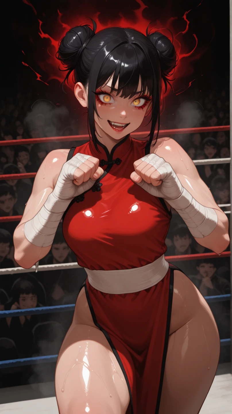 masterpiece, highest quality, (Highly detailed CG Unity 8k wallpaper), (highest quality), (Best illustrations), (Best Shadow), Confused, Realistic lighting, (abyss), Beautiful and delicate shine,victory,Random Pause,((Bare skin wet with sweat,Female professional wrestler)),Cute freckles on the cheeks,Mole under left eye,Cowboy Shot,Hair wet with sweat,A leotard-type wrestling costume with gorgeous decorations,pain,suffering,ring,Plump,Villain wrestler,Dyeing hair,