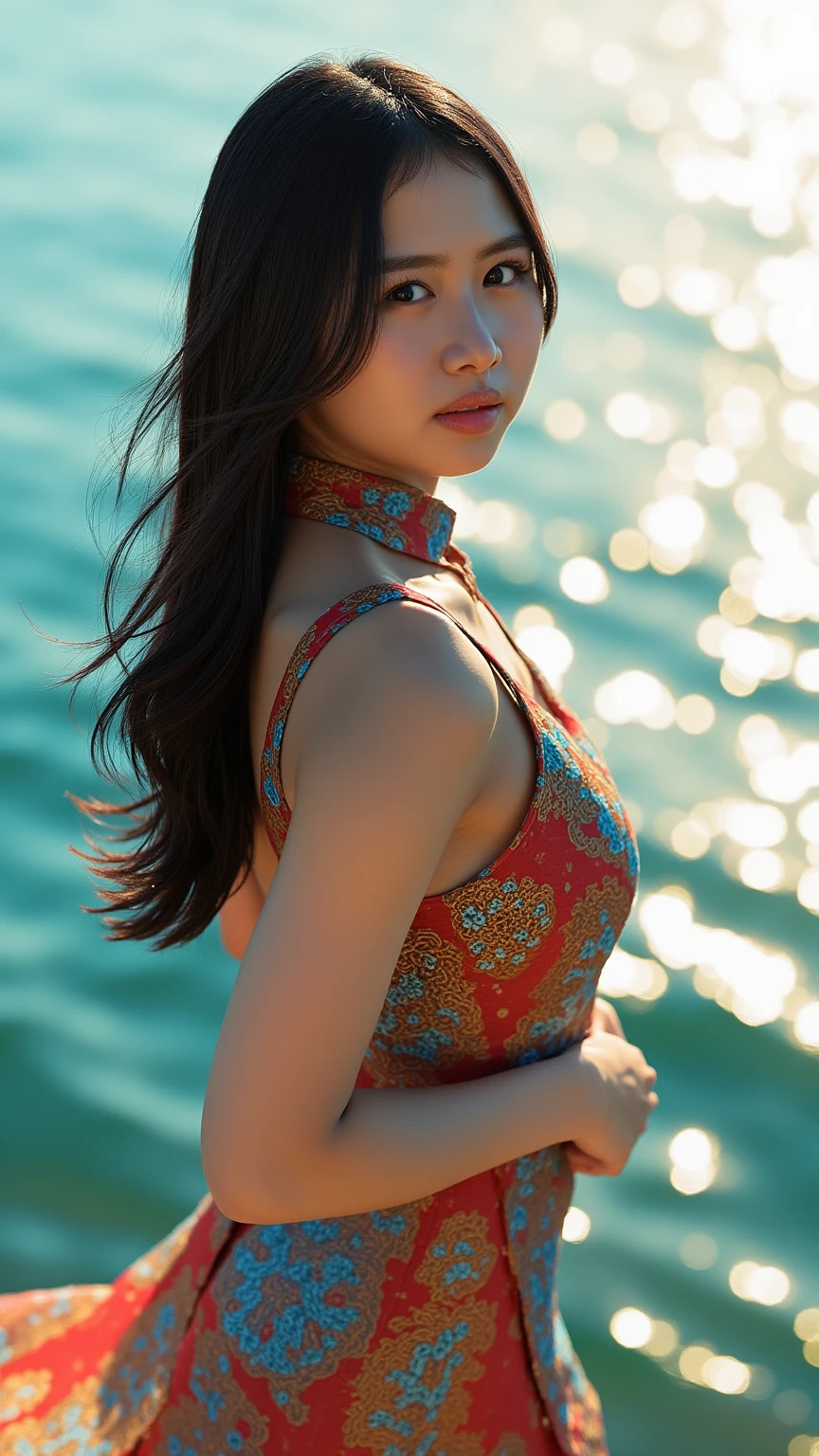 ((Ultra resolution 8K)), The best possible quality, Beautiful woman,The most beautiful of all, beautiful face,beautiful eyes,(very well detailed eyes: 1.1), long hair blown by the wind,(Mythology : 1.1), (bow in hand: 1.2), (shooting a bow: 1.3), ((bow and arrow in the hand: 1.2)), ((long dress moved by the wind: 1.1 )), Beautiful figure, goddess Artemis, goddess of the house,(floating in the air: 1.2) , very well detailed masterpiece