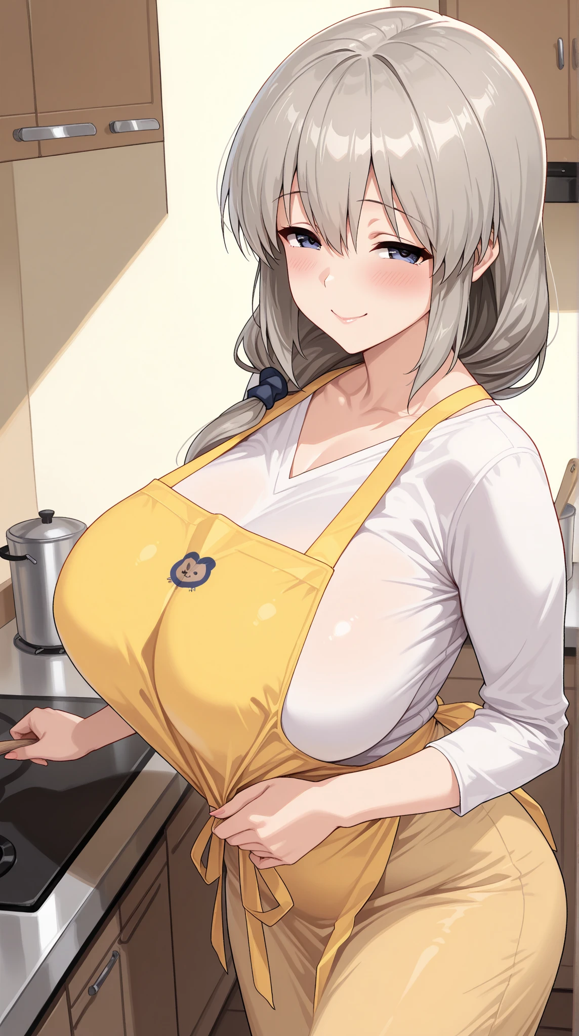 (Best Quality, Masterpiece),sexy mommy, Front cover of a women's cooking magazine,naked,  erotic, 18+, nsfw, 1girl, 30 years old, stunning, cute, smile, hourglass figure, Maid costume, beautiful food, text, diagrams, advertisements, magazine title,                                                                                      long blonde hair,green detailed sparkling eyes,One strand of hair hangs down over his forehead