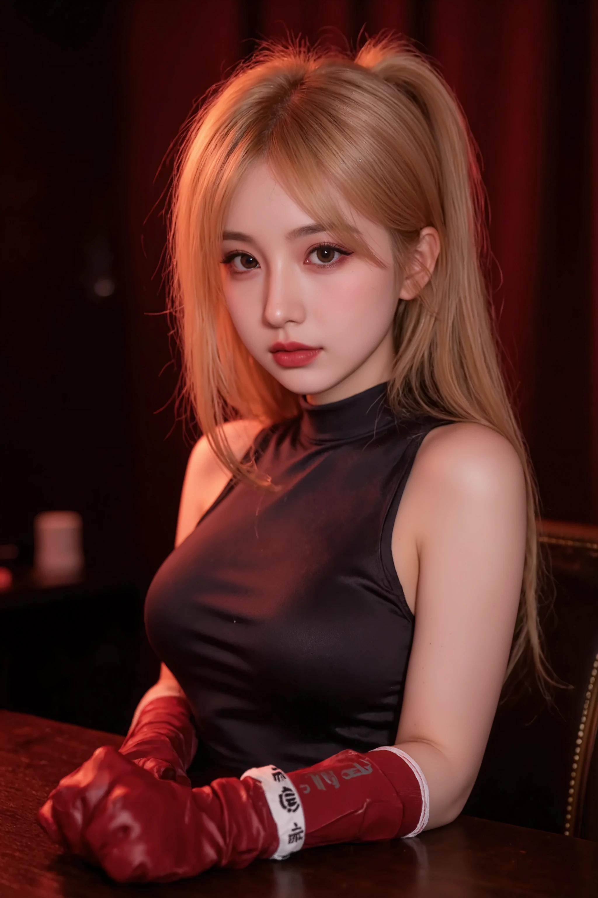 (highest quality,In 8K,masterpiece:1.3),(超A high resolution,Photorealistic:1.4,RAW shooting),(Ultra-detailed,Caustics,Perfect Anatomy),(Ultra-detailed background,Ultra-Realistic Capture,Beautiful and detailed eyes),(Casino Bar:1.1),(Black dress with ornaments:1.1),stand,Japanese,20-year-old,cute,Blonde wavy hair,Gal,Staring at this,Confused expression, night,Dynamic Lighting,Photographed from the front,Poses that accentuate the chest,full body,wide shot
